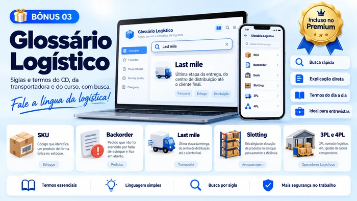 Glossário visual com termos de logística como SKU, backorder, last mile, slotting e 3PL