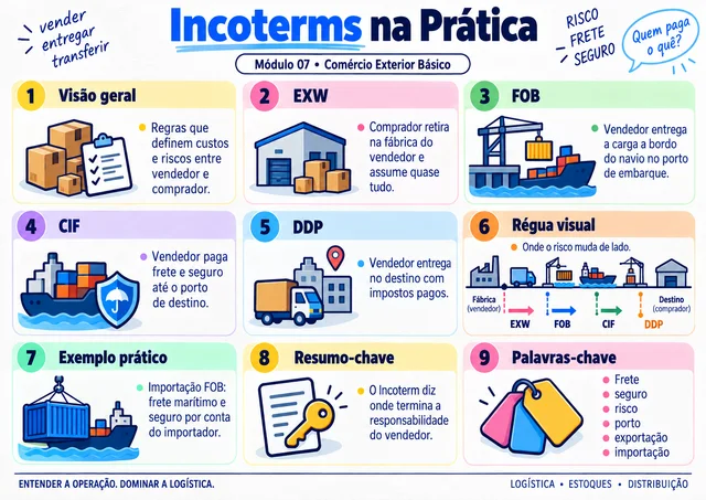 Exemplo de mapa visual de logística: Incoterms: EXW, FOB, CIF e DDP